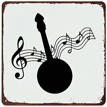 Музички бањо музички белешки Ретро метален знак, знак за калај со калај за калај со банџо, знак за музички