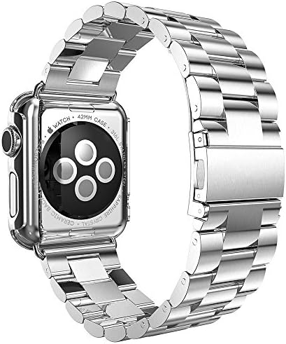 Huanlong компатибилен со Apple Watch Band Series 1/2/3/4, лента за ленти од не'рѓосувачки челик w/адаптер+корица