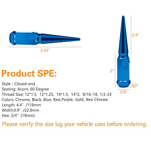 20 парчиња Spike Lug Nut 14x2 Blue 4,4 високиот Offroad Extended Metal Lugs Premium, вклучен е 1 приклучен клуч