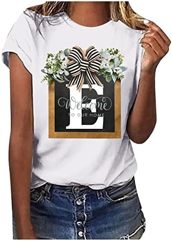 Женски обични букви печатени со кратки ракави на вратот на вратот, врвна маица бела летна основна маичка