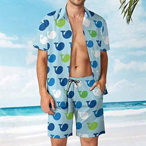Китови шема мажи 2 парчиња хавајски постави копче-долу кошули со кратки ракави, панталони за плажа лабави вклопени манжетни