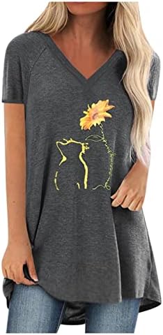 Дами кошула со кратки ракави памук vneck Сонцето мачка сончоглед цветна графичка каваи обична врвна маичка