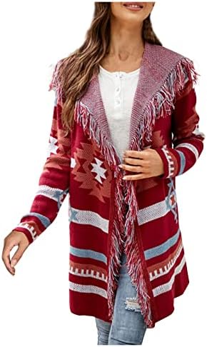 Rmxei женски мода есен/зимска геометриска печатена качулка плетен џемпер долг кардиган палто